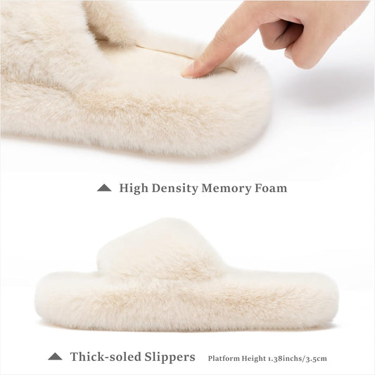 Women Slippers Memory Foam House Bedroom Slippers for Women Fuzzy Plush Comfy Faux Fur Lined Slide Shoes Anti-Skid Sole Trendy Gift Slippers