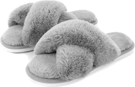 Women Fuzzy Slippers House Slippers Cross Band Slippers Indoor Outdoor Soft Open Toe Slippers