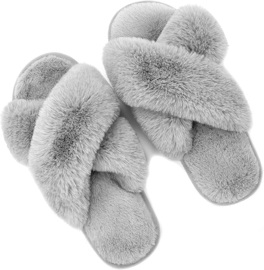 Women Fuzzy Slippers House Slippers Cross Band Slippers Indoor Outdoor Soft Open Toe Slippers