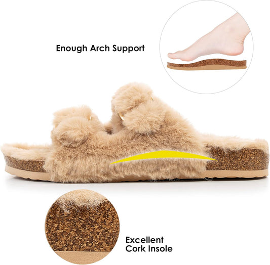 Women Open Toe Slipper with Cozy Lining,Faux Rabbit Fur Cork Slide Sandals Size 6-11