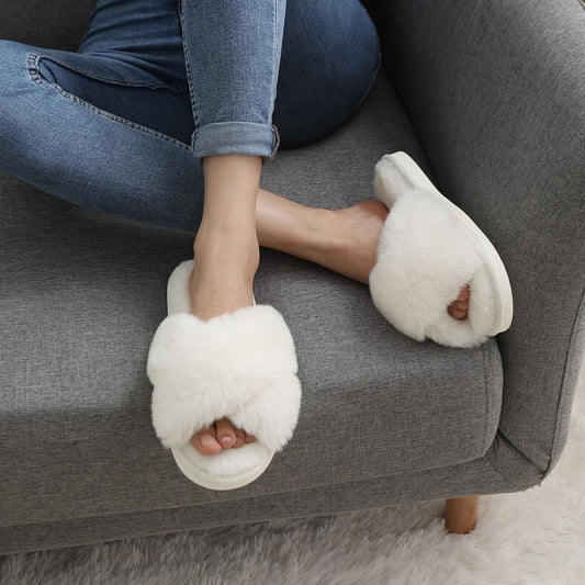 Women Fuzzy Slippers Cross Band Memory Foam House Slippers Open Toe