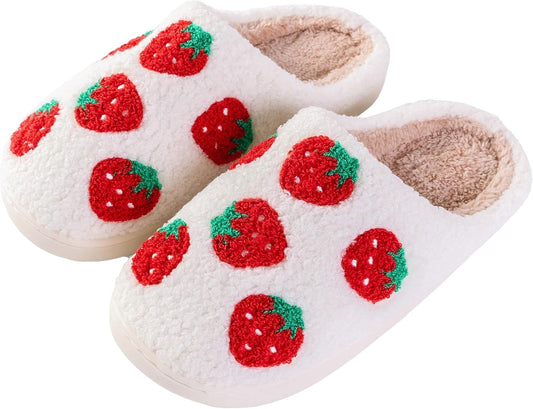 Women Slippers Cute Pattern Strawberry Slippers Warm Soft Bedroom Shoes Fuzzy Closed Toe Sandals Non Slip House Bedroom Slippers