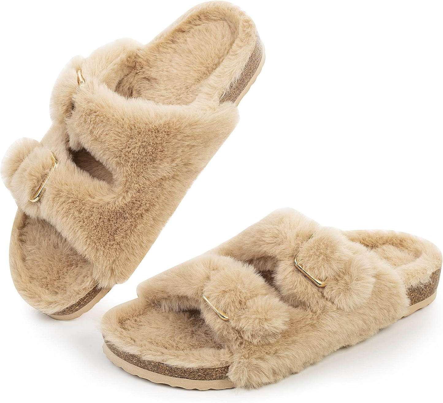 Women Open Toe Slipper with Cozy Lining,Faux Rabbit Fur Cork Slide Sandals Size 6-11