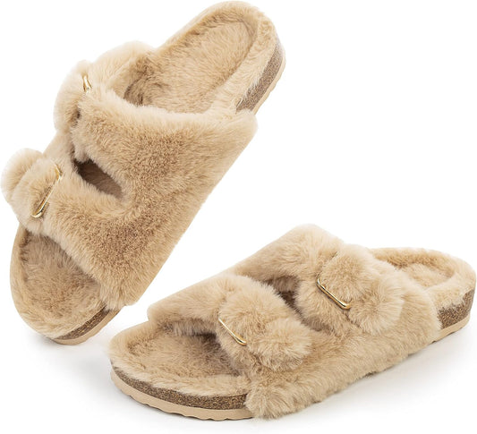 Women Open Toe Slipper with Cozy Lining,Faux Rabbit Fur Cork Slide Sandals Size 6-11