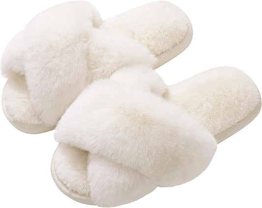 Women Fuzzy Slippers Cross Band Memory Foam House Slippers Open Toe